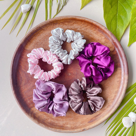 Satin Dreams Scrunchies - Set of 5 (Silvery Mist, Pearl Pink, Lilac, Cocoa & Rich Magenta)