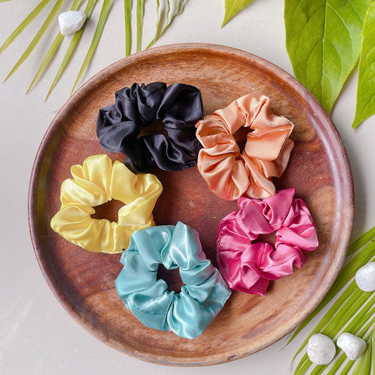 Vibrant Vibes Scrunchies - Set of 5 (Jet Black, Honeydew, Flamingo Pink, Sunshine Yellow & Light Aquamarine