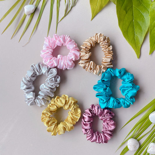 Pastel Pop Satin Scrunchies - Set of 6 (Pearl Pink, Silvery Mist, Sunshine Yellow, Rose Dust, Ocean Blue & Champagne)