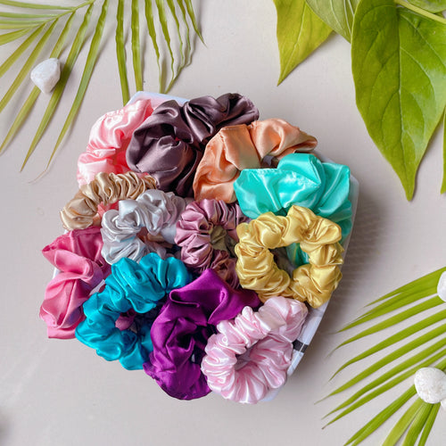 Rainbow Radiance Scrunchies – Set of 12 Bright & Silky Hair Ties for Every Mood & Outfit