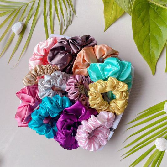 Rainbow Radiance Scrunchies – Set of 12 Bright & Silky Hair Ties for Every Mood & Outfit
