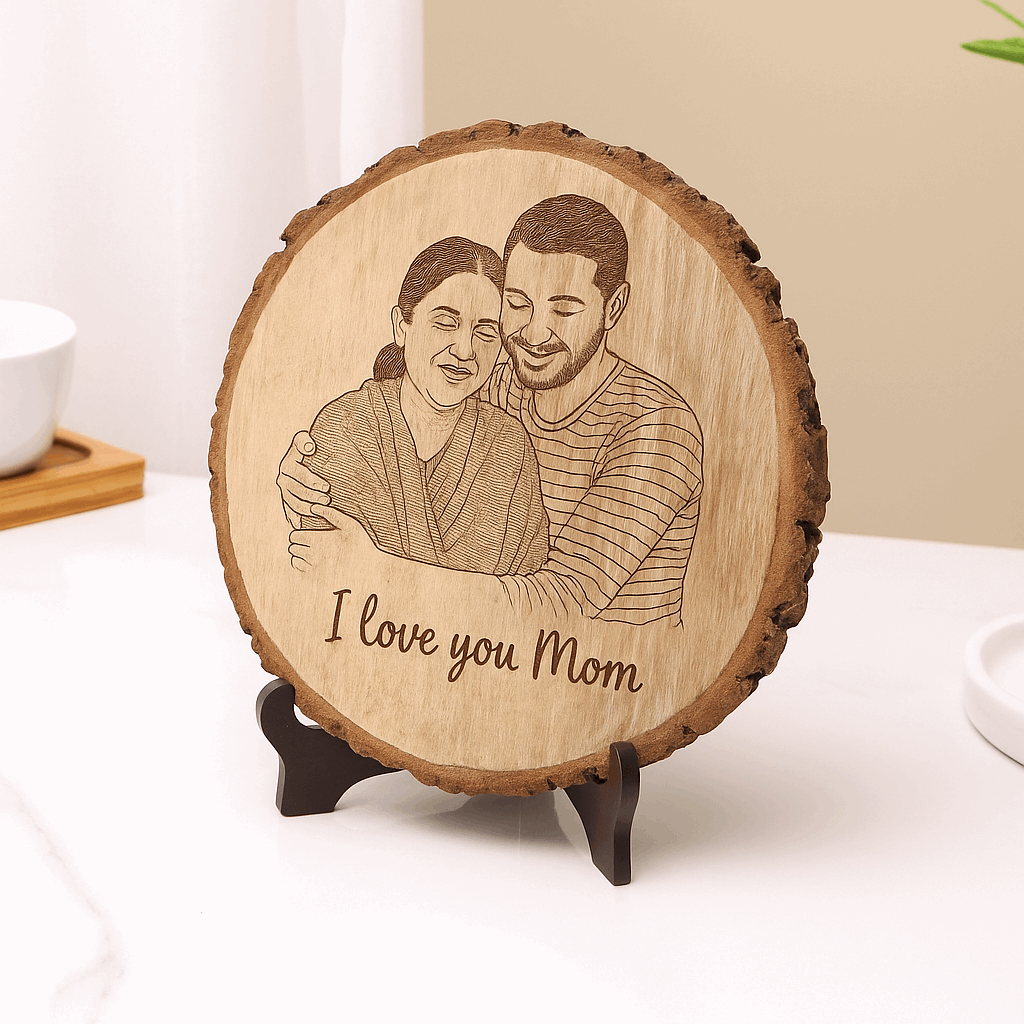Personalized Natural Wood Round Engraved Photo Frame With Bark - 6 Inch : Anniversary