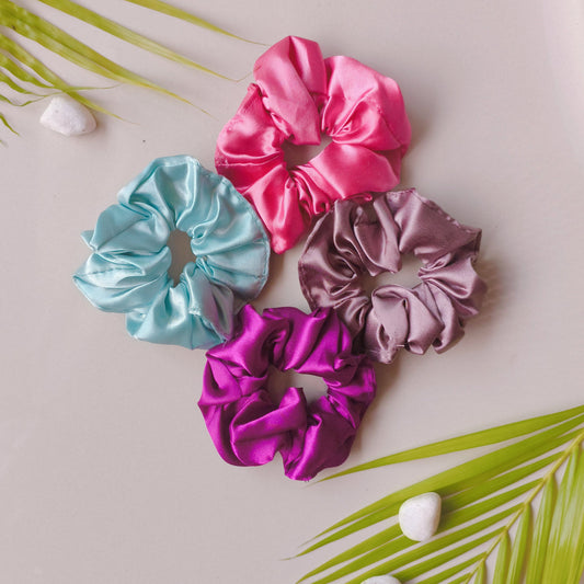 Satin Pop Luxe Scrunchies - Set of 4 (Rich Magenta, Hot Pink, Light Aquamarine & Mocha Taupe)