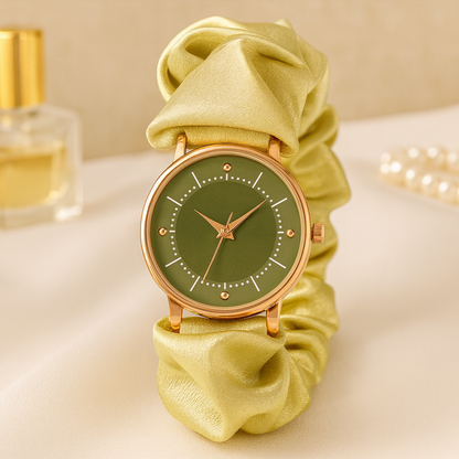 Elegant watch with golden scrunchie strap - square format