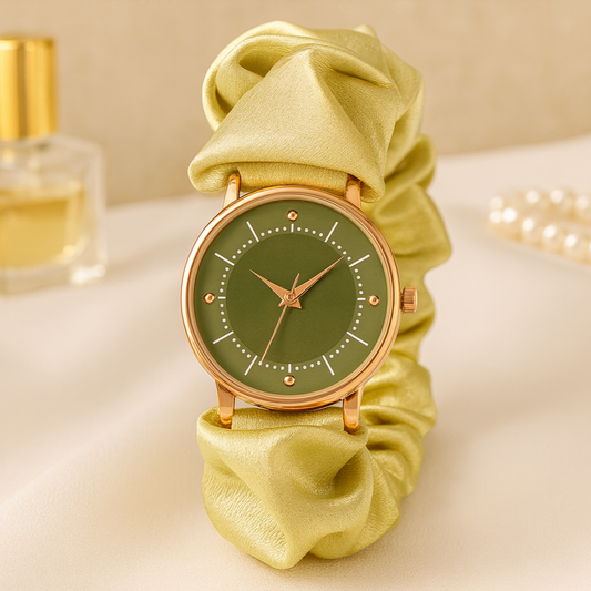Elegant watch with golden scrunchie strap - square format