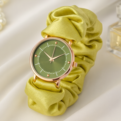 Elegant watch with golden scrunchie strap