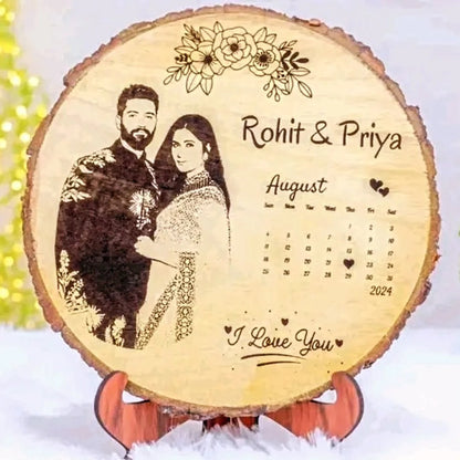 Personalized Natural Wood Round Engraved Photo Frame With Bark - 6 Inch