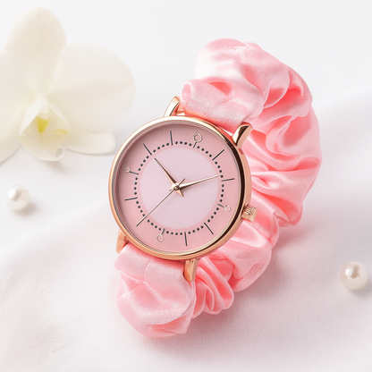 Minimalist pink watch product image with white fabric background